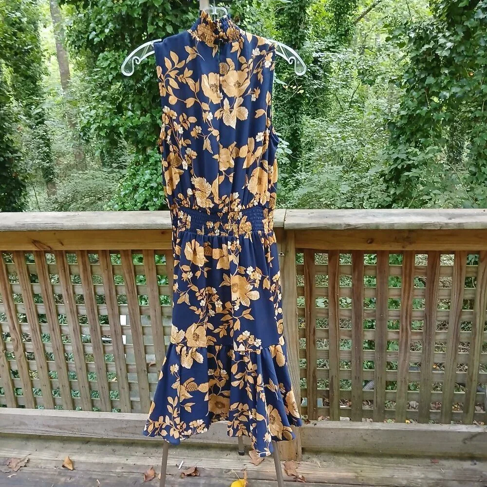 N Lepore Sleeveless Gold Floral on Navy Midi Dress with Shirring & Ruffles Sz 4